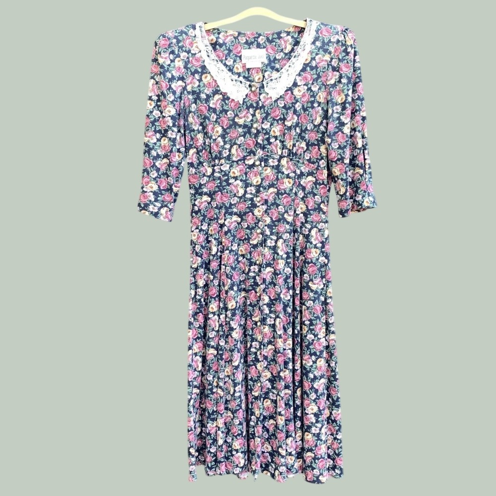 VINTAGE Paquette Too! Dress‎ Womens 10 Navy Floral Lace Collar Midi Made USA 90s